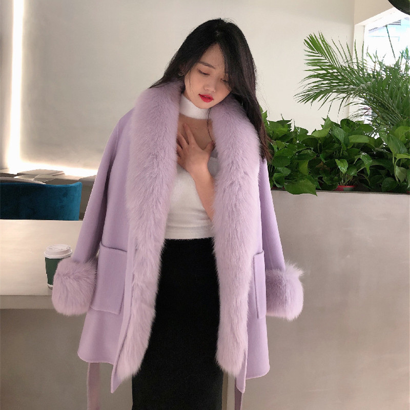 Wool double-sided tweed coat rex rabbit liner imported fox fur collar 2024 new fur warm mid-length women Wool double-sided tweed coat rex rabbit liner imported fox fur collar 2024 new fur warm mid-length women