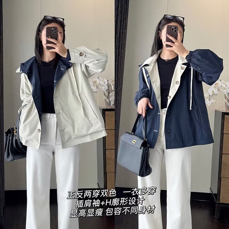 双面穿复古韩版秋季新款英伦风撞色连帽中长款女风衣廓形百搭外套|undefined