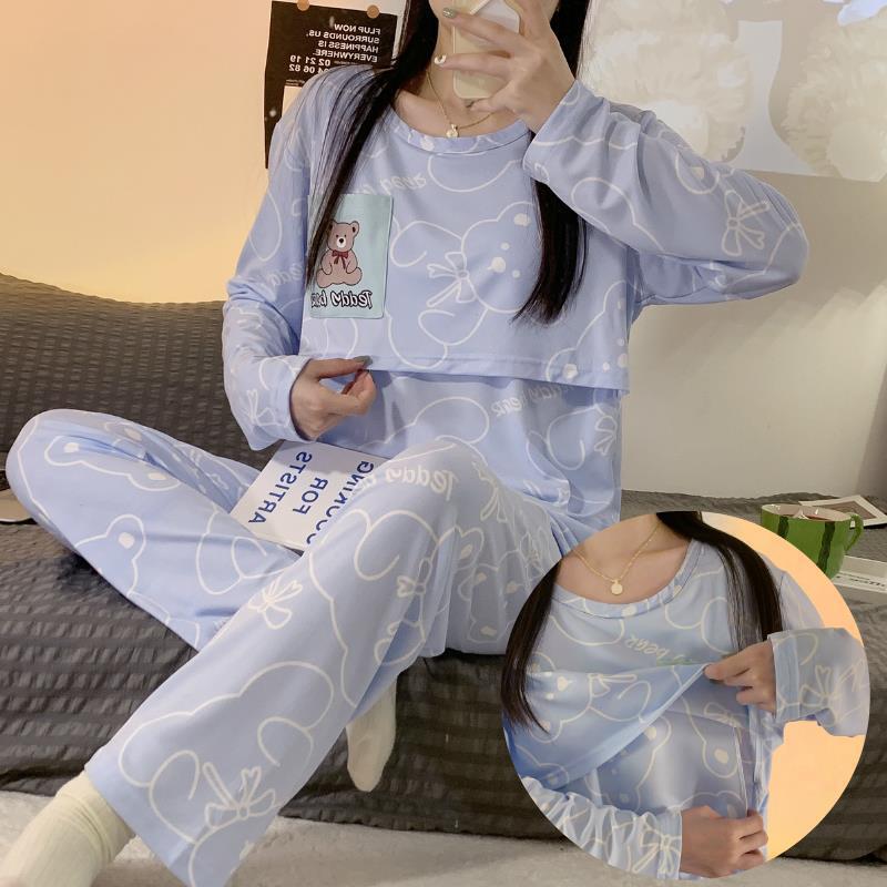 Lunar Clothing Spring and Autumn Milk Silk Pregnant Women's Pajamas Pregnant Women's Breastfeeding suit Postpartum Pregnancy Home Clothing Lunar Clothing Spring and Autumn Milk Silk Pregnant Women's Pajamas Pregnant Women's Breastfeeding suit Postpartum Pregnancy Home Clothing