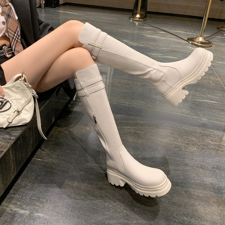 Maillard White Knee-High Boots for Women 2025 Autumn and Winter New Boots Thick-Soled Small High Boots Belt Buckle Boots
