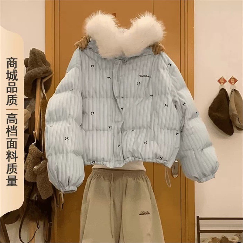 粉色奶呼呼大毛领棉服女短款学生韩系蝴蝶结印花棉衣宽松加厚外套