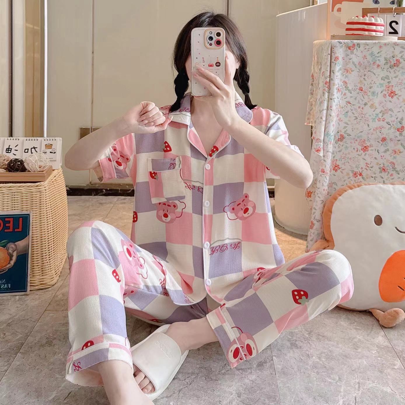 Pajamas de espuma tejidos de verano de algodón pantalones largos de mangas cortas ropa para el hogar de verano delgada de algodón conjunto de dos piezas