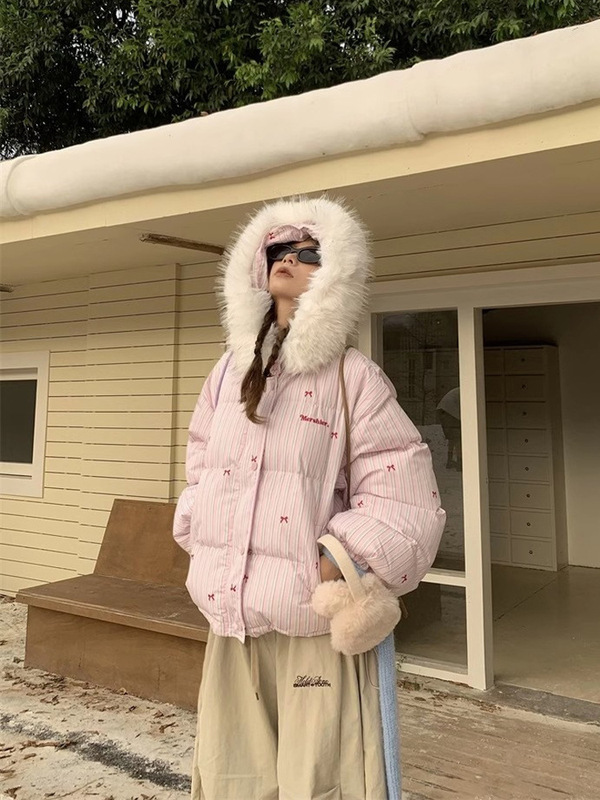 外贸美式设计感条纹蝴蝶结毛领连帽棉服外套加厚保暖小个子棉衣女|undefined