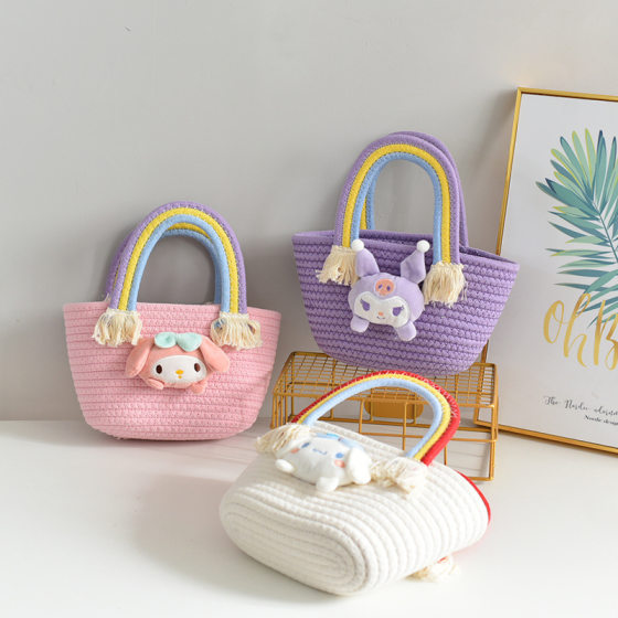 Girls' bag 2023 new rainbow cloud handbag children's woven bag Korean style large capacity straw hand bag