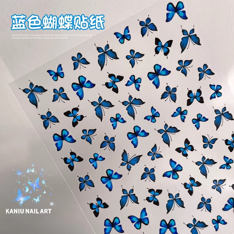 青い手描きの蝶のネイルシールの新しいレトロな白黒の枯叶の蝶の爪の装饰の商品の网の赤い爪のステッカー|undefined