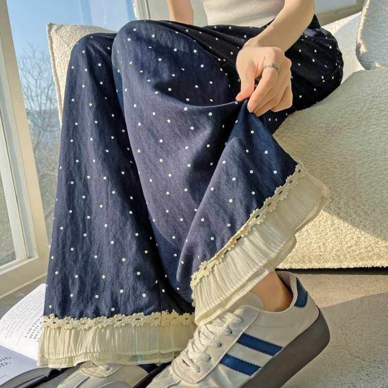 Синий кружевной волной тускни хлопчатобумажные льняные широкие брюки для женских летних тонких Гуанчжоу Тринадцать рядов допамин медные сернокислые штаны