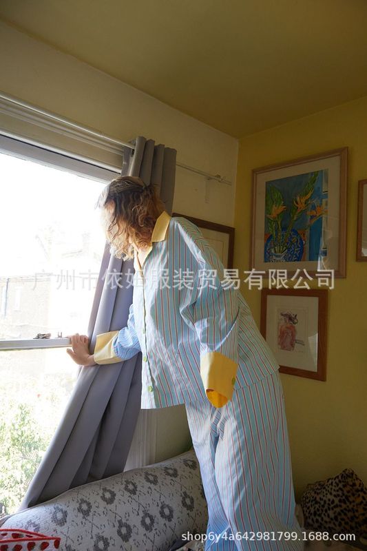 アマゾン秋冬越境欧米の婦人服のストライプは色の2つのセットの女性のカジュアルなズボンのパジャマをつなぎ合わせます。|undefined
