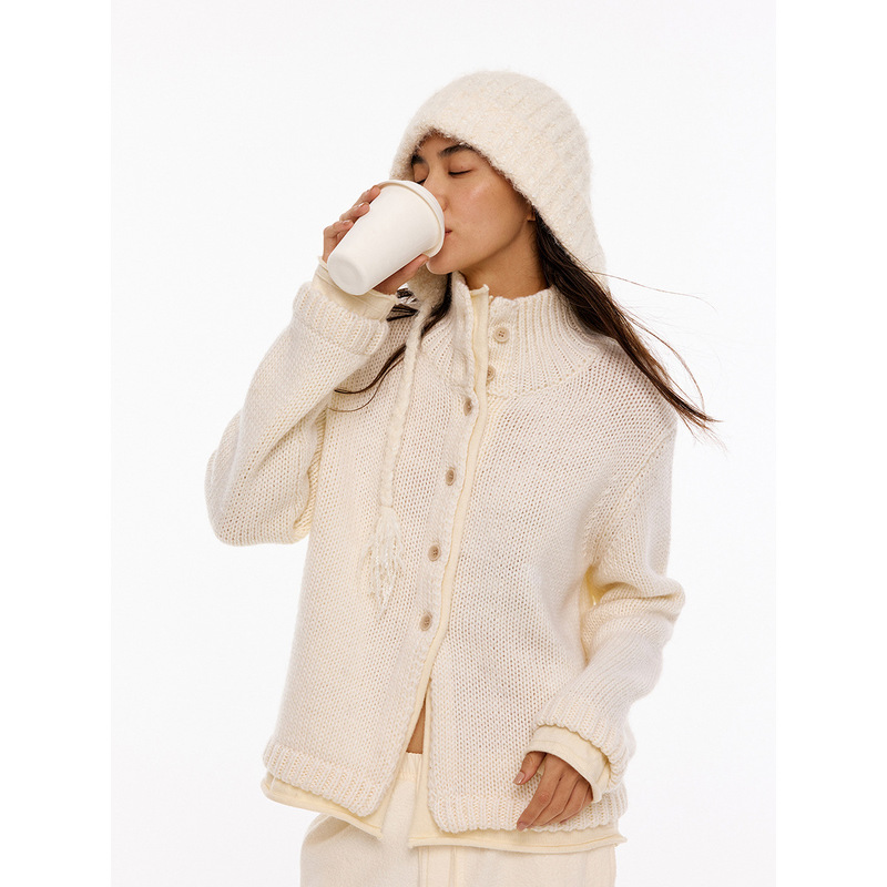 DT ETOLIE wool blend high-neck knitted cardigan with patchwork design, creating a layered look, women's winter sweater, M8503 DT ETOLIE wool blend high-neck knitted cardigan with patchwork design, creating a layered look, women's winter sweater, M8503