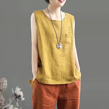 棉麻纯棉文艺范背心女纯色拼接显瘦无袖圆领衫百搭吊带背心春夏女