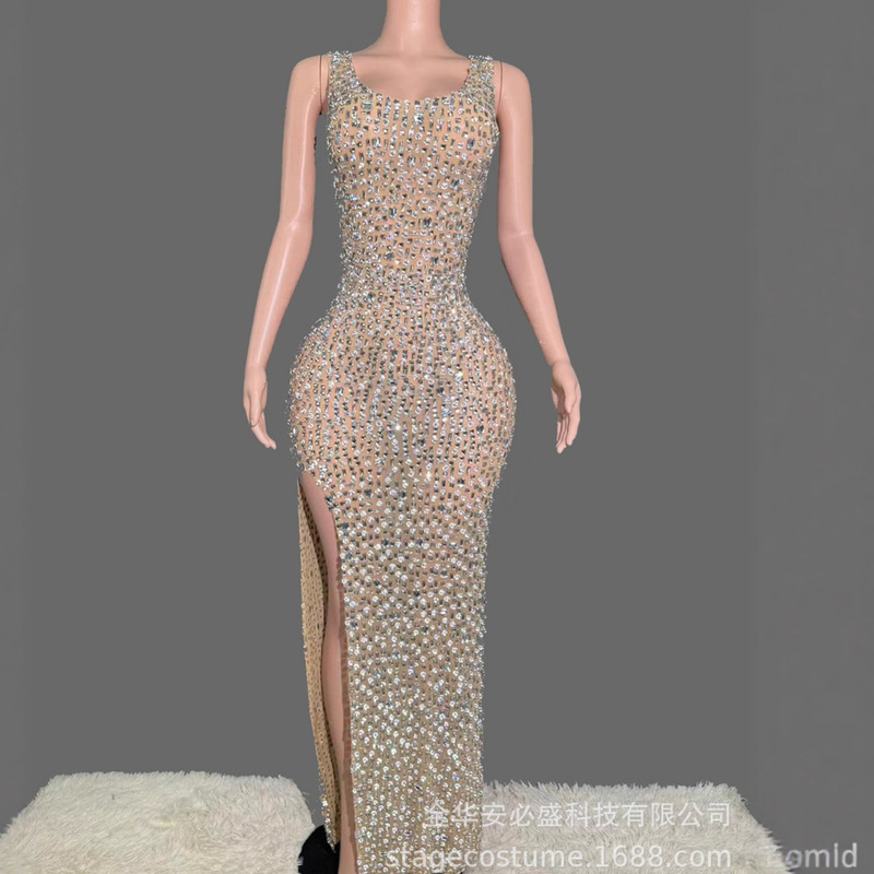 Performance Dress with Bright Rhinestones, Banquet Birthday Party Dress, Slim-Fit Elegant Dress