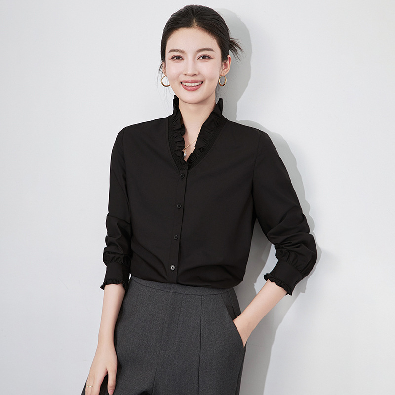 2433408 - High-End Exquisite V-Neck Ruffled Commuter Inner Shirt Top with Ruffled Floral Sleeves for Women in Autumn and Winter