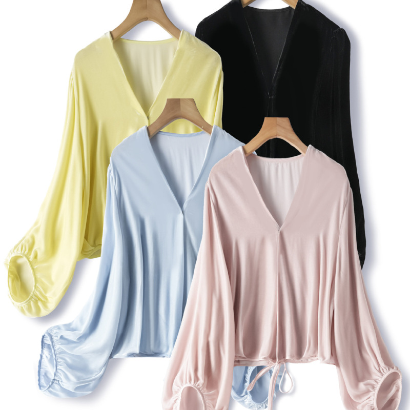Light Luxury Style Silk Velvet V-Neck Lantern Sleeve Short Top Autumn 2025 Fashionable Tie-Up Cardigan Stylish Blouse for Women Light Luxury Style Silk Velvet V-Neck Lantern Sleeve Short Top Autumn 2025 Fashionable Tie-Up Cardigan Stylish Blouse for Women