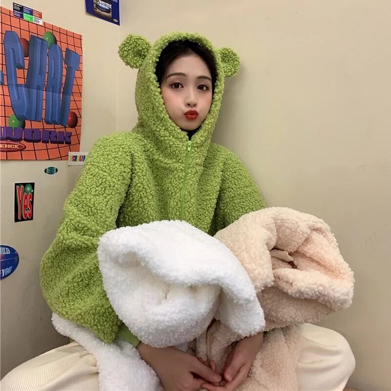 Thickened Sweater Women's Zipper Cardigan Imitation Lamb Velvet Cute Bear Ear Hooded Autumn and Winter Loose Long Sleeve Fashionable Sweater Thickened Sweater Women's Zipper Cardigan Imitation Lamb Velvet Cute Bear Ear Hooded Autumn and Winter Loose Long Sleeve Fashionable Sweater