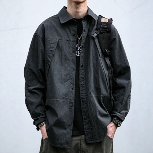 Japanese Retro Washed Vintage Work Shirt for Men, Spring and Autumn Loose Fit, Three-Dimensional Splicing, Casual Functional Long-Sleeve Shirt, Trendy