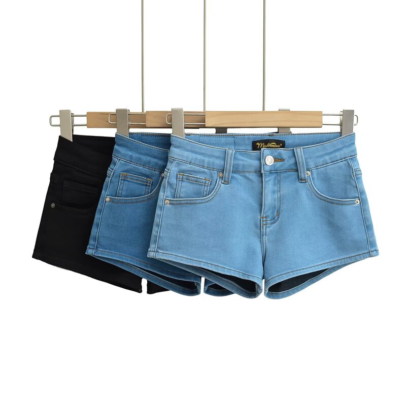 American Hottie Low-Waist Navel-Baring Denim Shorts for Women 2024 Summer Hip-Covering Slim Hot Pants Casual Versatile Blue Shorts