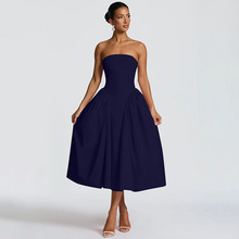 欧美外贸女装2025冬季新款纯色性感抹胸中长裙时尚气质褶皱连衣裙