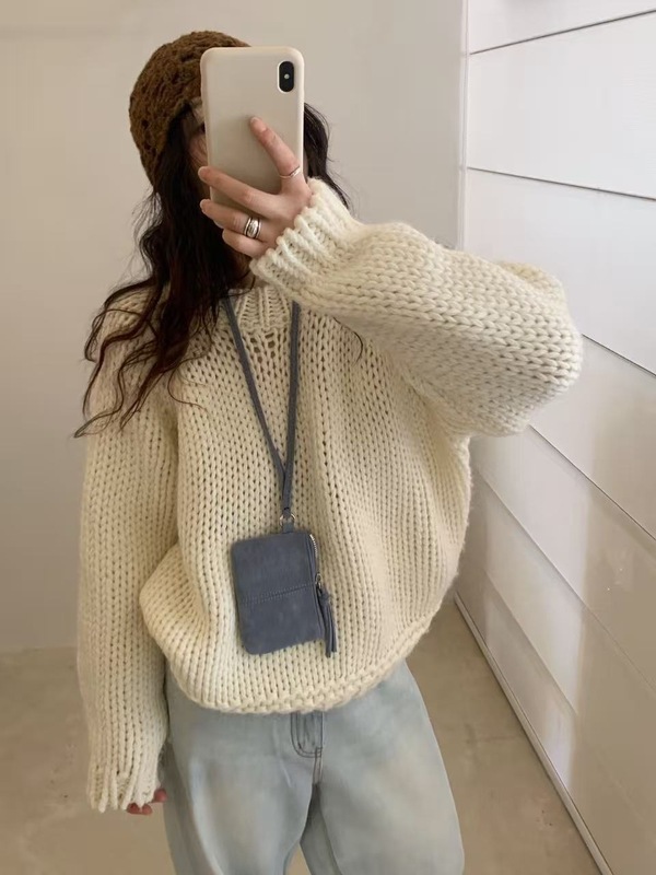 韩国羊毛粗针米色毛衣女复古日系圆领宽松套头针织衫上衣G1549|undefined