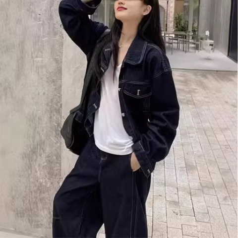 French-Style Retro Denim Suit for Women, Autumn and Winter Outfit, Complete Set with Jacket and Wide-Leg Pants, Two-Piece Set for Plus-Size Women, Casual Top