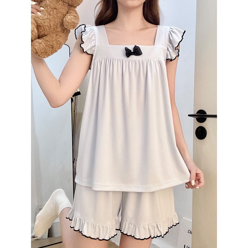 Sweet Style Short-Sleeved Shorts Pajamas for Women in Summer with Bowknot and Ruffled Edges, Two-Piece Set That Can Be Worn Outside as Loungewear