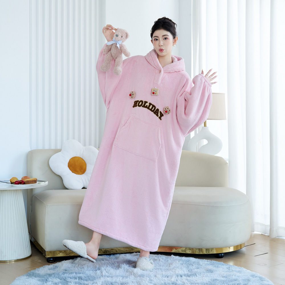 冬季可爱连帽大睡袍卫衣款珊瑚绒加厚加大睡裙保暖家居服闺蜜装