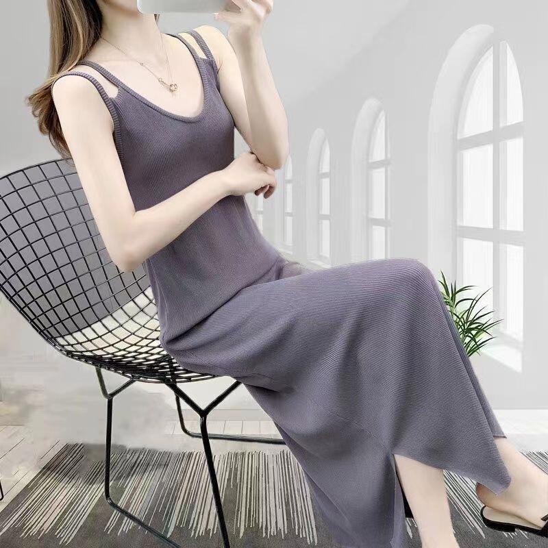 Warm Maple Threaded Ice Silk Strap Dress 2026 New Summer Double Strap Dress for Women Slimming Mid-Length Sleeveless