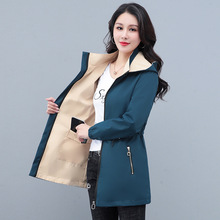 跨境批发外贸女装现货中长款风衣女双面穿连帽修身外套春秋季代发