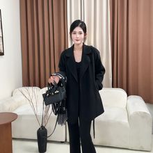 2025秋冬新款加绒羊毛大衣韩版宽松百搭短款系带毛呢外套