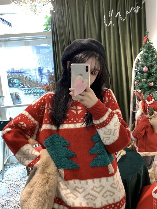 怠惰な風のクリスマス感のデザインの小さな丸首の女性の長袖の甘いニットのセーターはニットの上着を着ることができます。|undefined