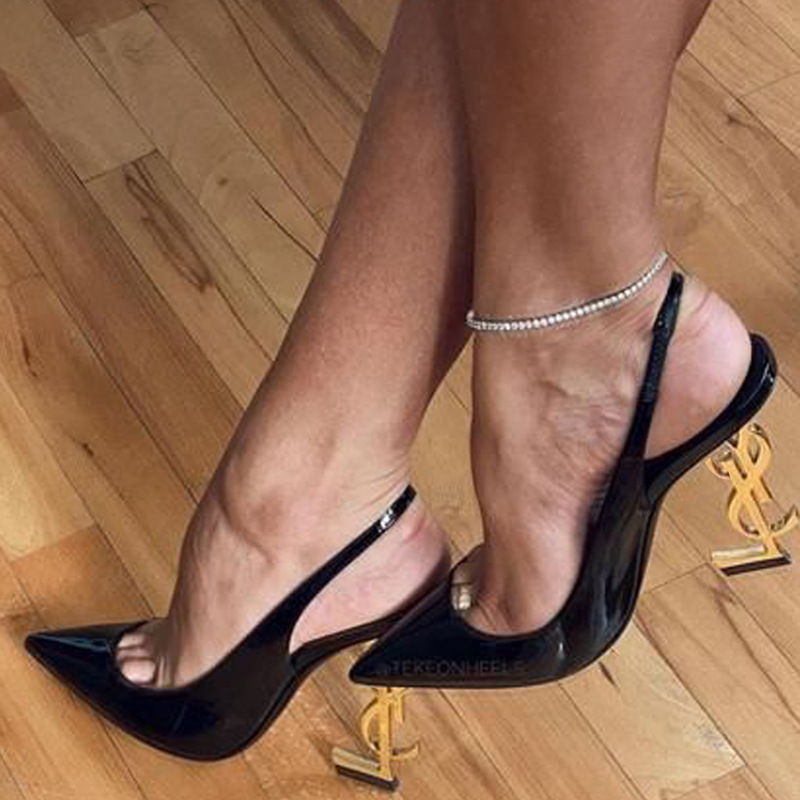 European and American Star Internet Celebrity Same Letter Shallow Mouth Pointed Sexy Elegant Super High Heeled Thin Heeled Black Fashion Single Shoes for Women