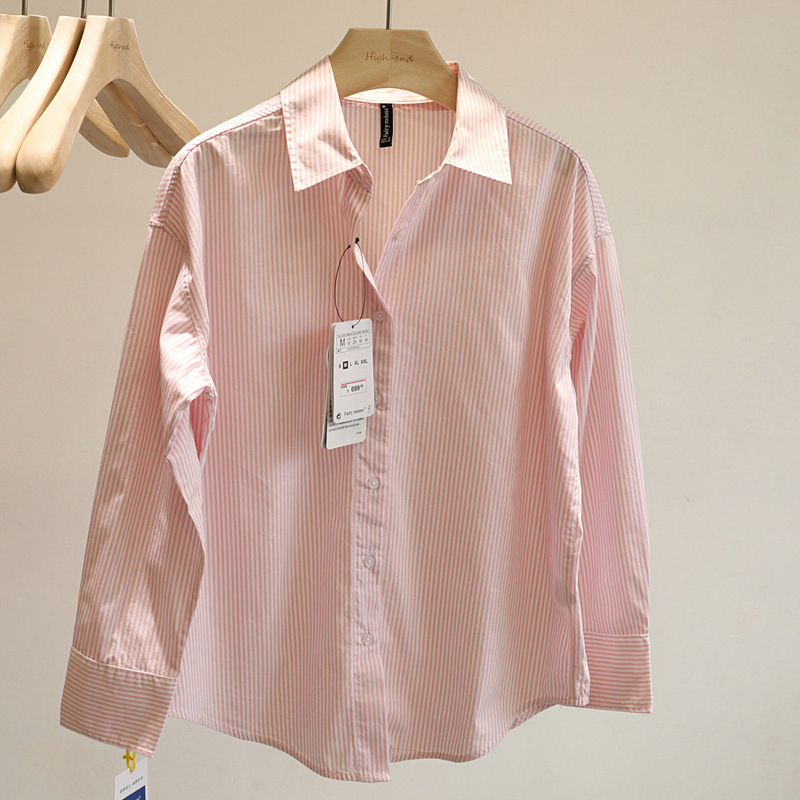 Workmanship Details Are Controlled! High Quality Goods! Pinstripes Shirt Women's Pink Shirt Long Sleeve 2025 New Style