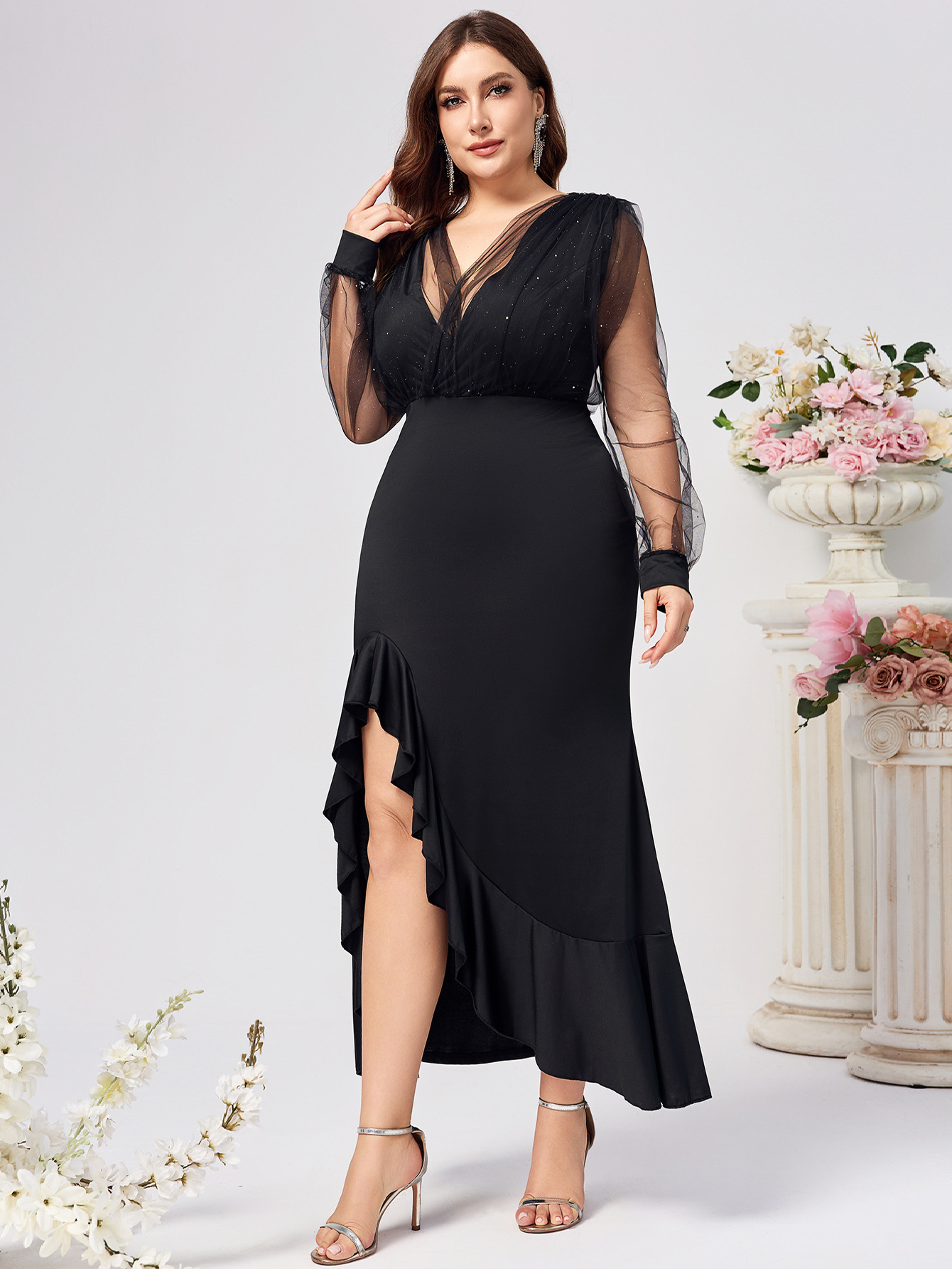 Europa y los Estados Unidos comercio exterior transfronterizo exclusivo para V-collar malla manga desear Amazonas temperamento elegante vestido de mujer grande