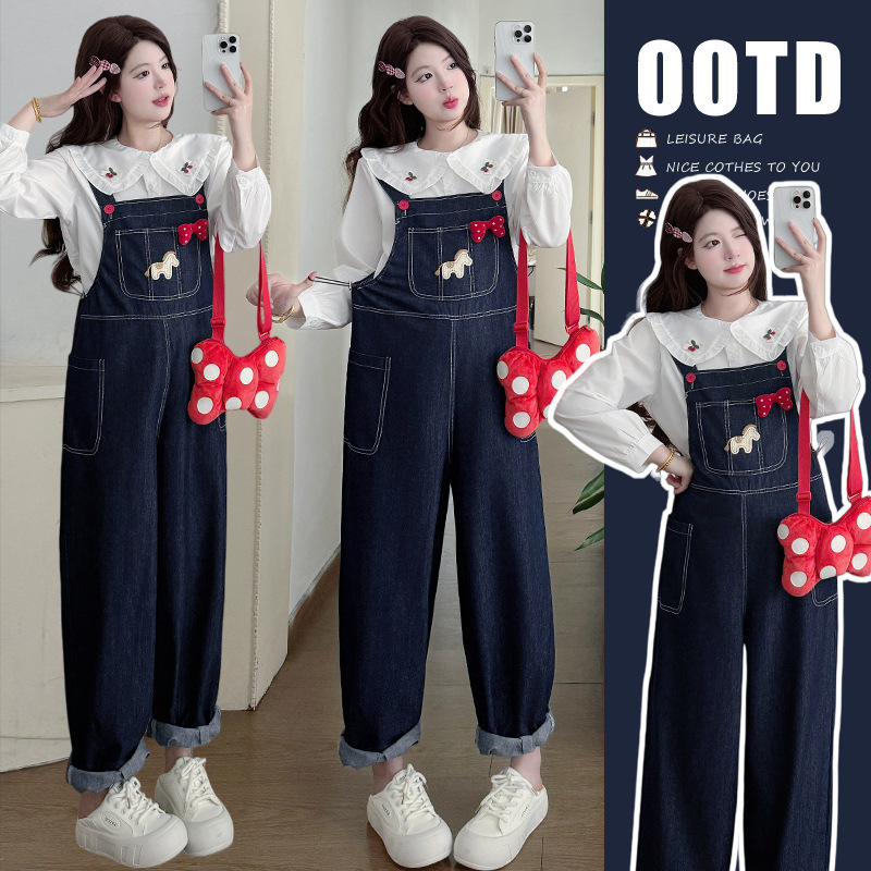 Actual Photos of the 2026 Spring and Autumn New Embroidered Cartoon Maternity Cute Denim Overalls + Doll Collar Top