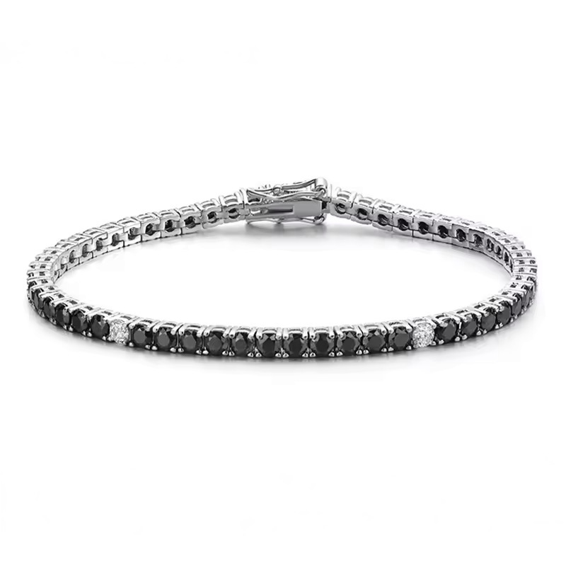 Factory Wholesale 925 Sterling Silver 3mm Prong Setting Black Tennis Bracelet Fashion Cubic Zirconia Hip Hop Men and Women Bracelet