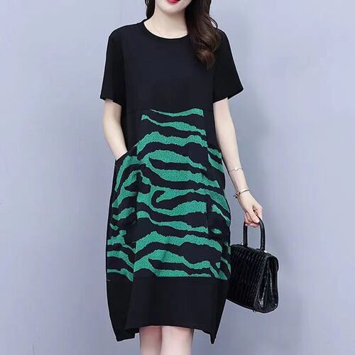 Summer New Fat Women Loose Plus Size Belly Covering Slimming Elegant Youthful Print Splicing Plus Size Dress Women