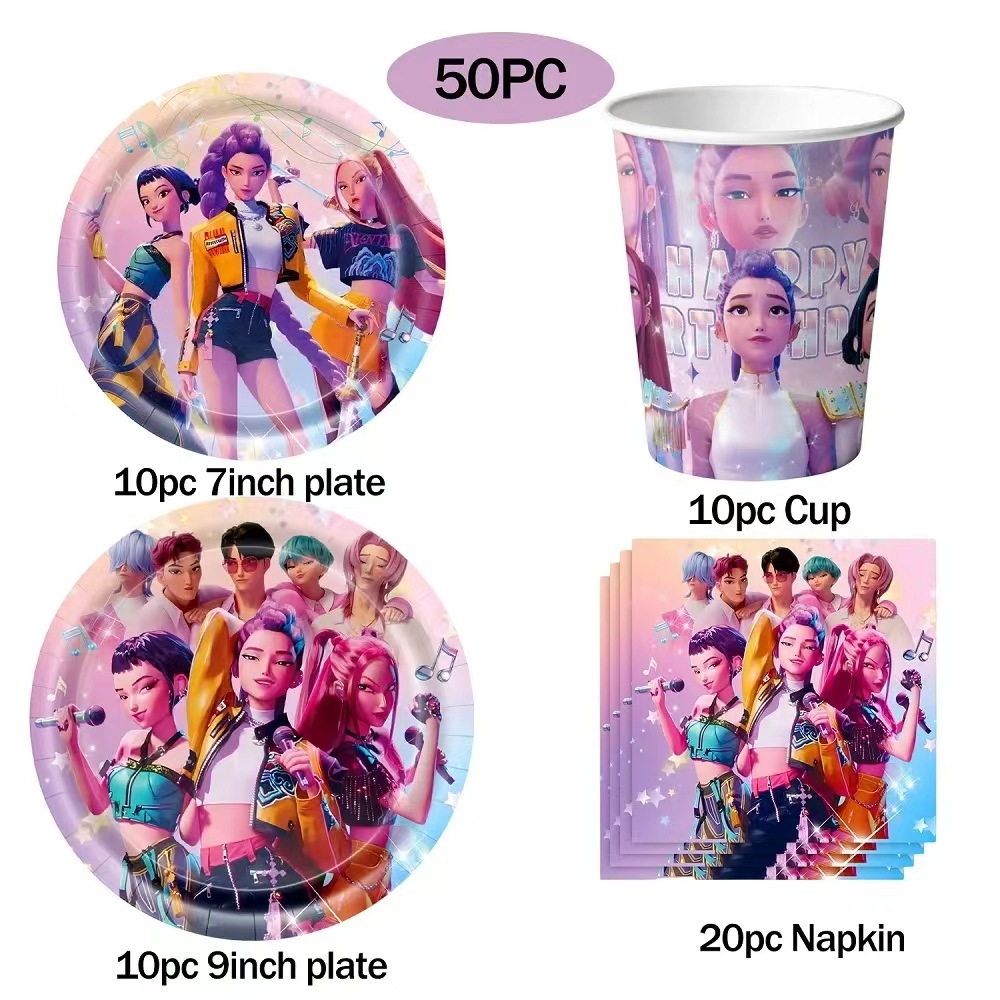 Inventario de caza de demonios rosa grupo de mujeres cubiertos set de cumpleaños tazas de papel bandejas de papel toallas de mesa artículos decorativos