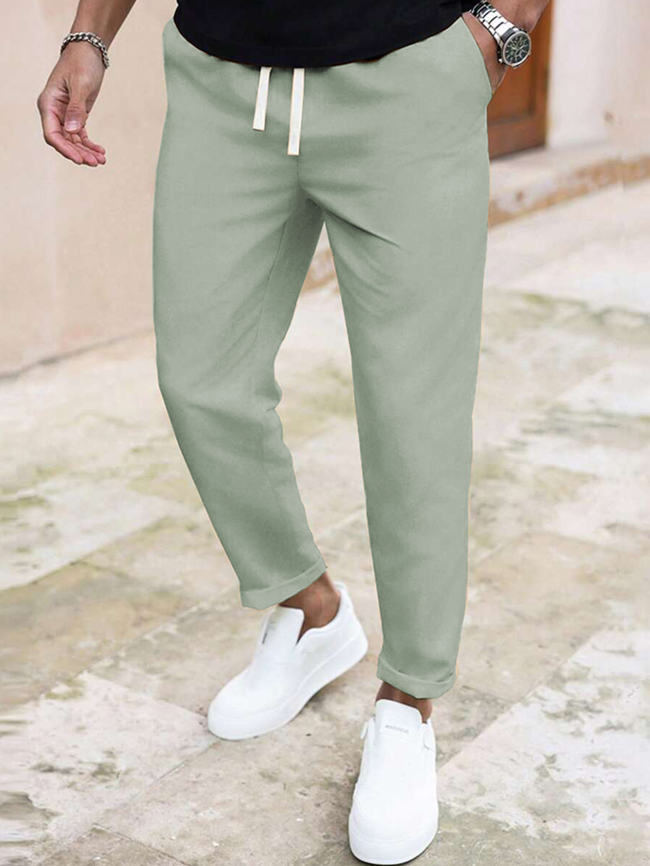 ​​"Men's Slim Fit Casual Pants - Solid Color Drawstring Waist, Lightweight Polyester For Everyday Comfort & Street Style"​​_viptrois.com