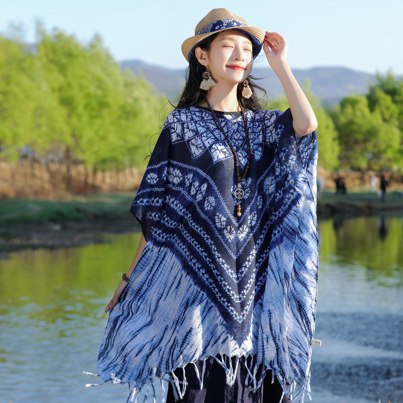 Primavera y otoño nuevo estilo étnico viaje protección solar largo pullover cabo Yunnan Dalí retro tie-teñido exterior chal para las mujeres