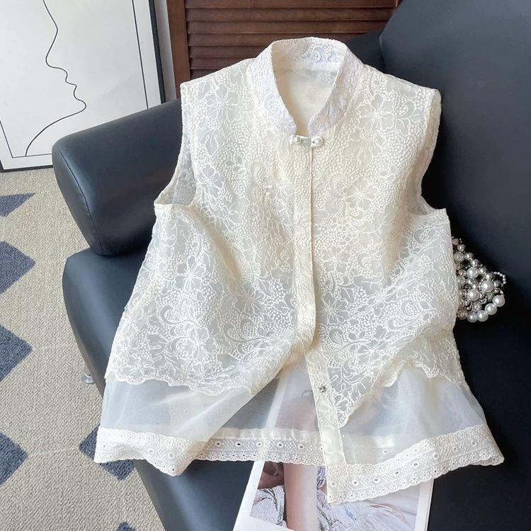 2026 Summer Vest, New Chinese Style National Style Top, French Lace Floral Stand Collar Outer Vest for Women