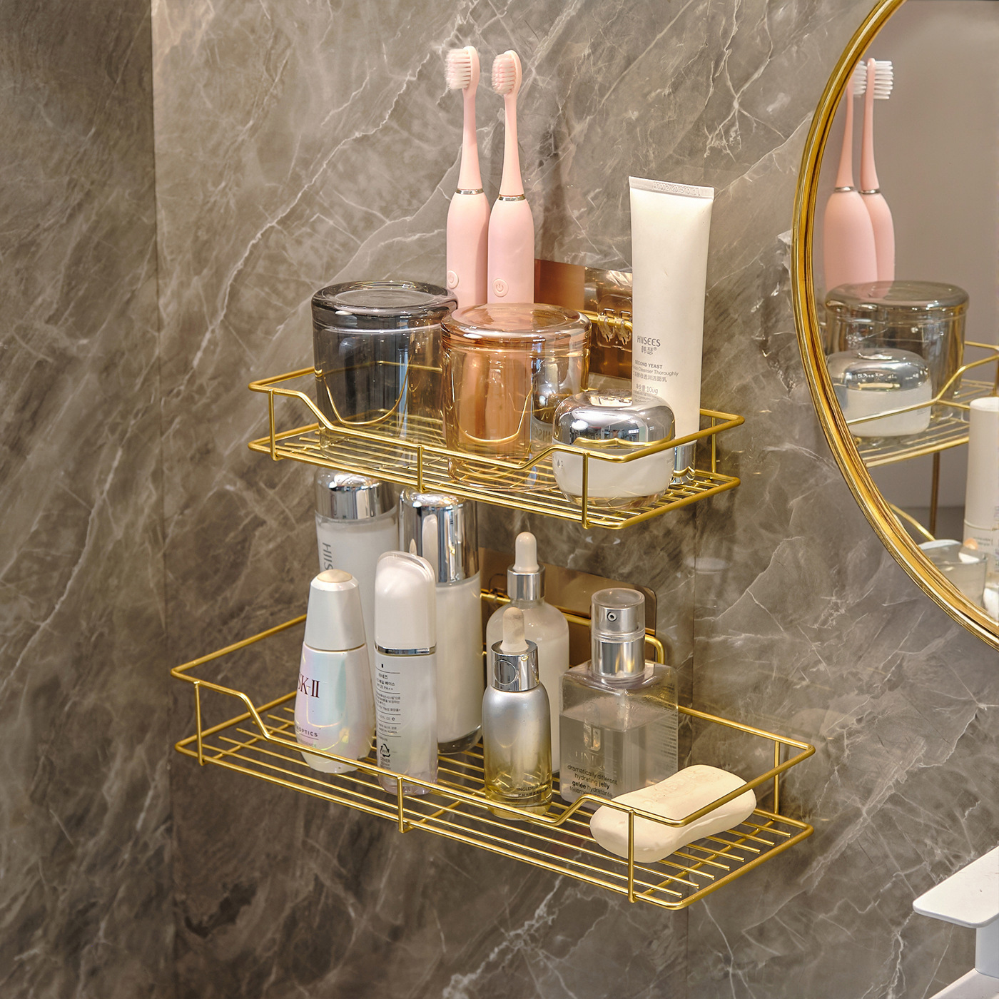 Golden Toothpaste, Toothbrush, Towel, Bath Towel Rack, Bathroom Storage Rack, Bathroom Sink, Toiletries Storage Rack