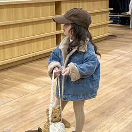韩国童装2023冬季新款男女童中性款牛仔外套宝宝加厚兔毛保暖外套