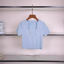 现货】卓雅法式24小众设计感珠链V领拼接短袖显瘦短款T恤针织衫女