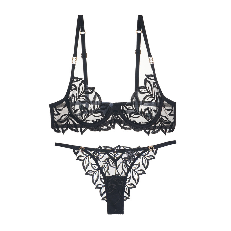 Cross-Border Classic Embroidered Bra and Panty Two-Piece Set Women's Lingerie Fishbone Foreign Trade Exclusive Ultra-Thin Bra