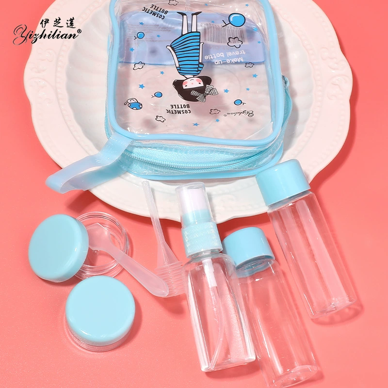 Комплект дорожных косметических бутылочек, 7 предметов жидкок и refill набор с распылителем и насосом, розовый/синий