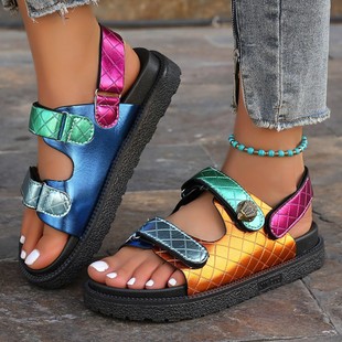 Foreign trade plus size new thick-soled color eagle toe beach sandals plus size women's shoes colorful prismatic velcro women wholesale