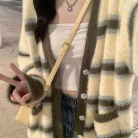 秋冬新款仿水貂毛学院风高中大学生可爱条纹樱桃针织开衫毛衣外套