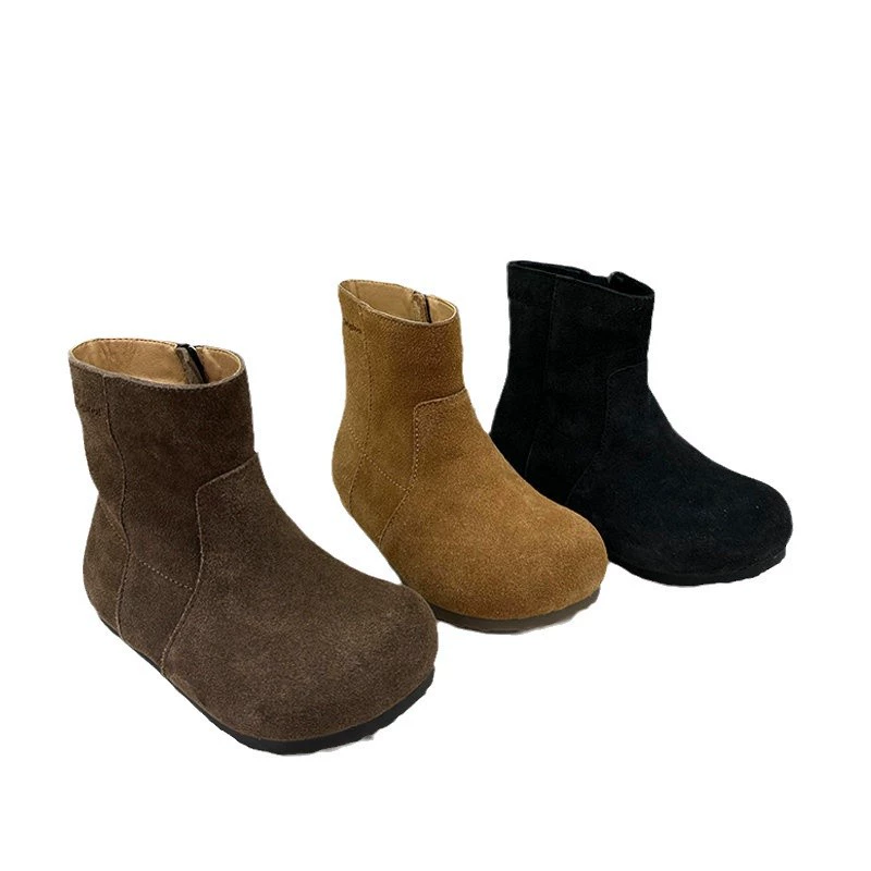Demi-season fleece low boots, children's leather shoes, genuine leather, mid-length, internet celebrity