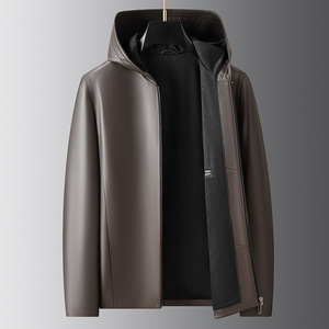 秋冬新款海宁皮衣男中青年男士时尚休闲纯色连帽绵羊皮外套