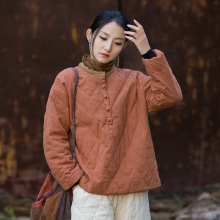 25冬新款苎麻夹棉菱格绗缝套头棉袄原创改良个性加厚保暖女式棉衣