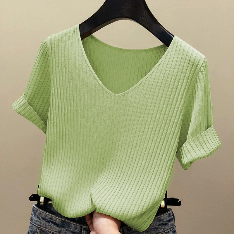 Летняя футболка для кормления из ледяного шелка, стильный свободный топ для похудения, фиолетовый универсальный тонкий вязаный свитер с V-образным вырезом в стиле Chanel.