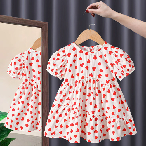 Fashionable girls dress 2024 summer new fashion style love sweet cotton breathable children's princess dress trendy